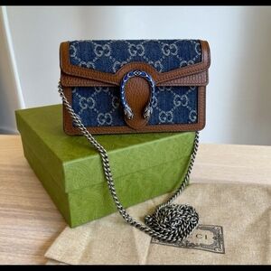 Gucci Blue and Brown Crossbody Bag with Silver Chain
